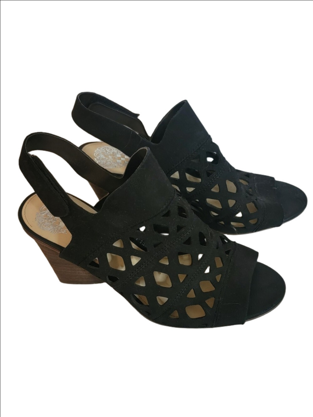 VINCE CAMUTO "Deverly" Black Suede Cutout Slingback Wedge Sandals Size 7.5